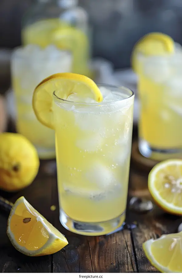Refreshing Lemon Drink with Ice and Lemon Slices on Wooden Table
