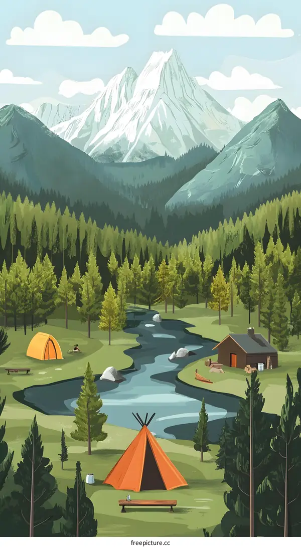 Mountain Forest Camping Landscape Illustration
