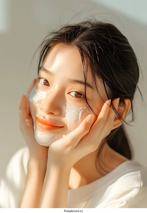 Smiling Asian Woman Applying Face Cream