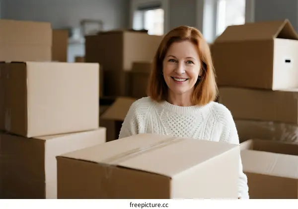 Mature woman holding cardboard box in moving room