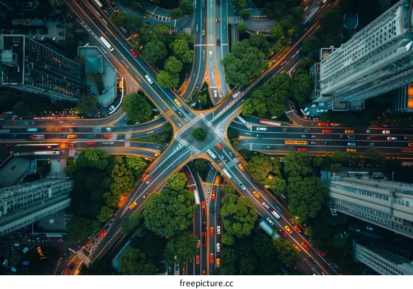 An Aerial View of a Bustling City Intersection with Vehicles and Lush Trees