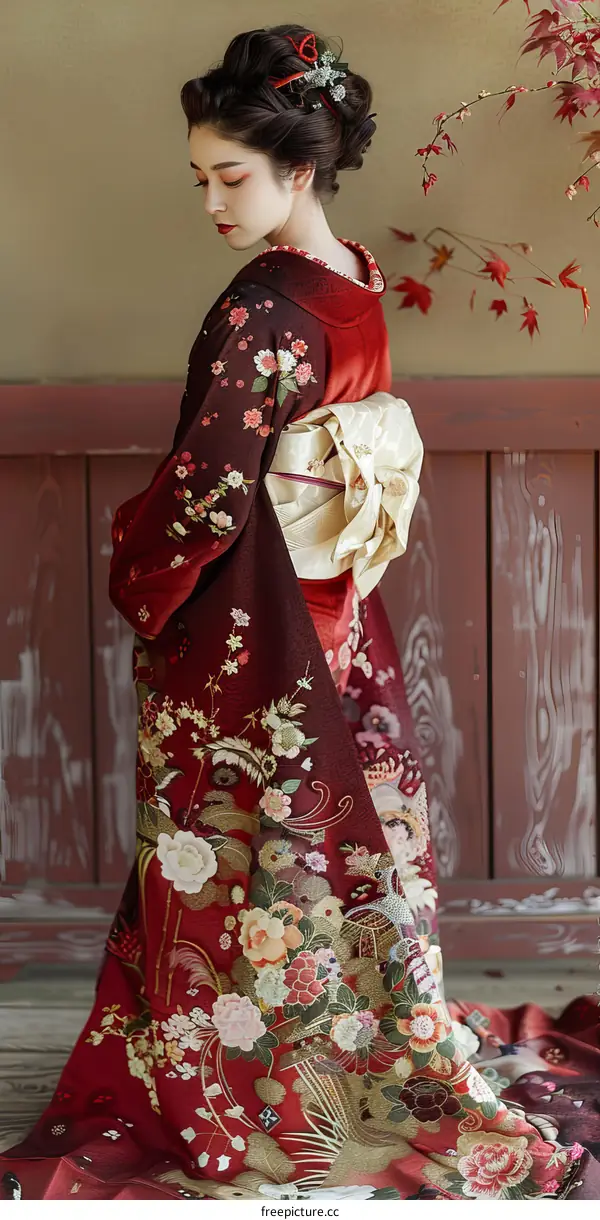 A woman wearing a red kimono with floral patterns