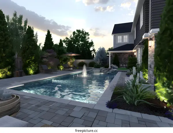 Modern Backyard Swimming Pool Design with Fountain