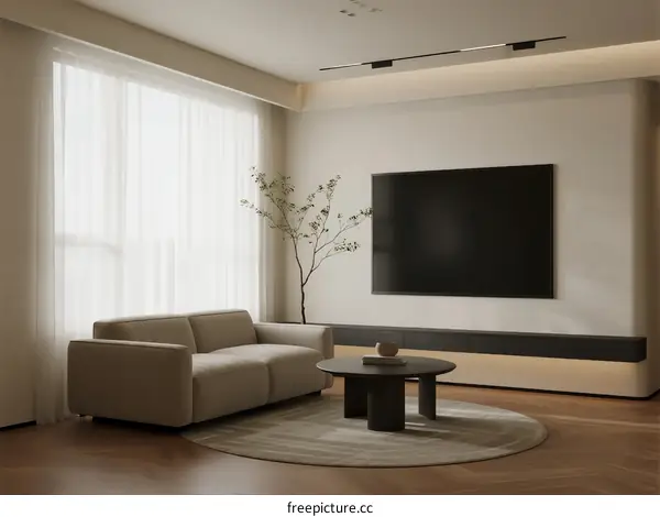 Modern living room with large TV and minimalist sofa