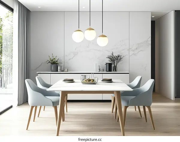 Modern Dining Room Interior Design with Marble Backsplash