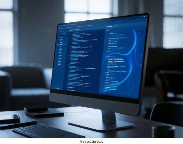 Computer Screen Displaying Programming Code with Blue Background