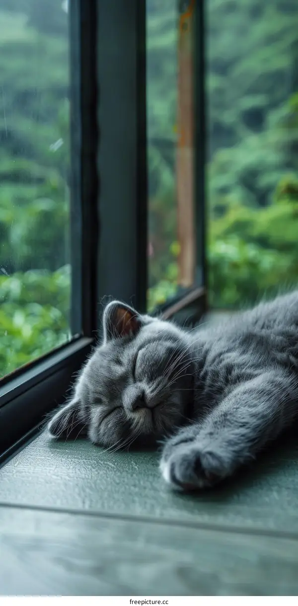 A cute gray cat sleeps by the window