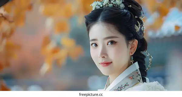 Portrait of a beautiful Korean woman in traditional Hanbok dress