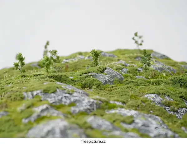 Closeup of Miniature Landscape with Green Moss and Tiny Trees