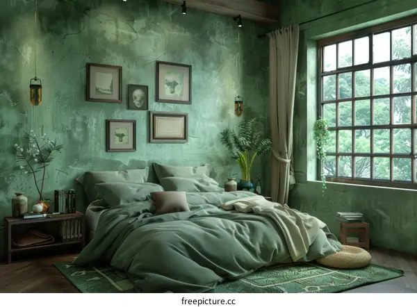 Green Bedroom Illustration with Vintage Decor
