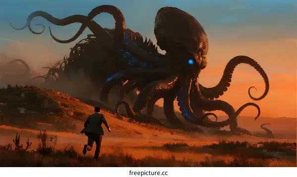 Giant Octopus Monster Appears in Desert Landscape Scarecrow