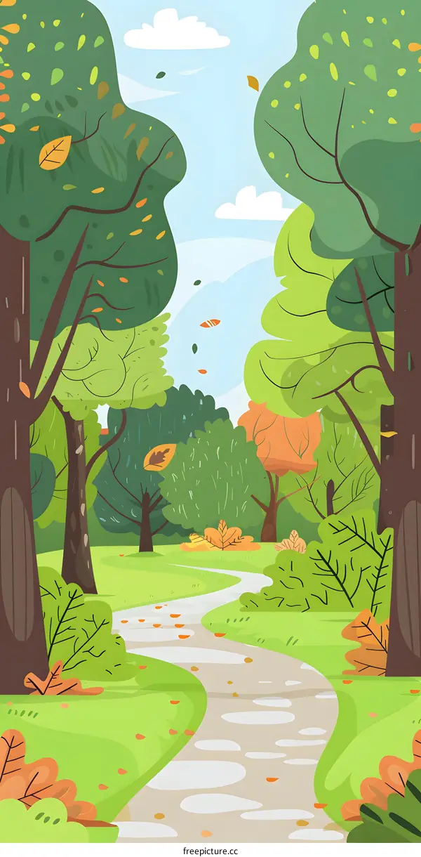Cartoon Illustration of a Winding Path Through a Green Forest with Fall Leaves