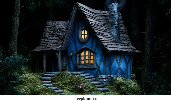 Blue Cottage in the Forest at Night