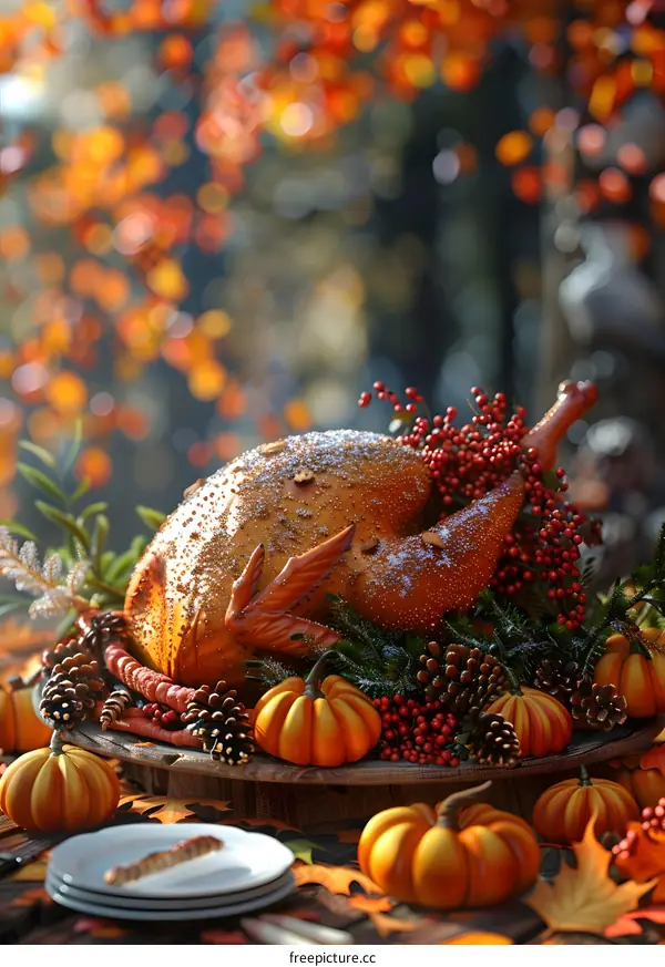 Thanksgiving dinner with roasted turkey, pumpkins, and autumn leaves