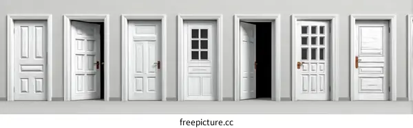 Multiple White Classic Doors Open and Closed