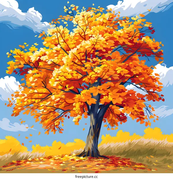 Autumn Tree with Colorful Leaves and Blue Sky