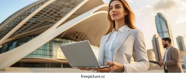 Businesswoman Holding Laptop Looking Up at the Cityscape