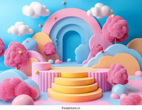 Colorful 3D Display Scene with Fluffy Clouds and Trees