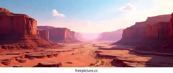 A View Of The Desert With Red Cliffs And A Blue Sky