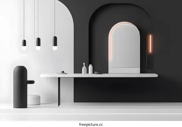 Minimalist Black and White Interior Design with Arched Wall