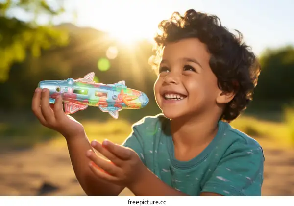 A young boy plays with a toy submarine in the park