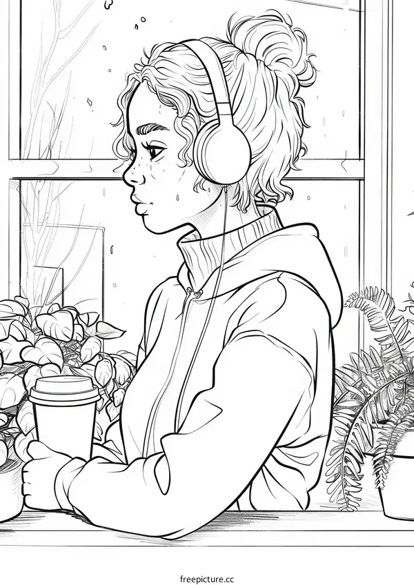 A young woman is listening to music on her headphones and looking out the window