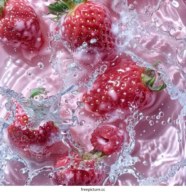 Strawberries and raspberries splashing into pink liquid