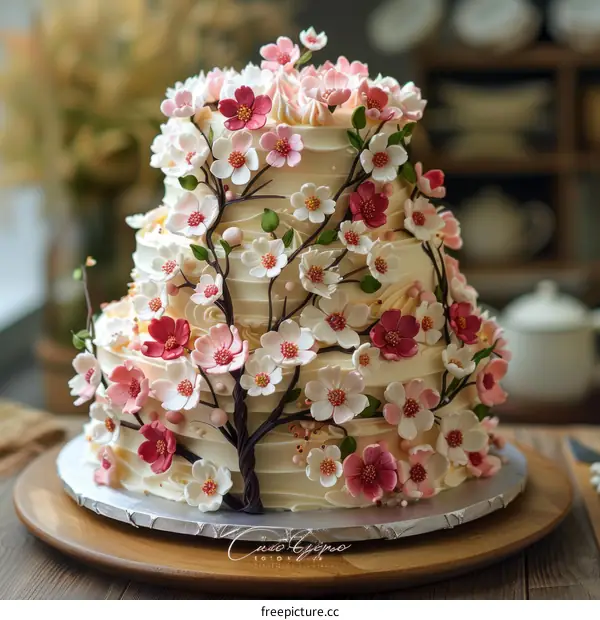 Three-tiered wedding cake decorated with pink and white cherry blossoms