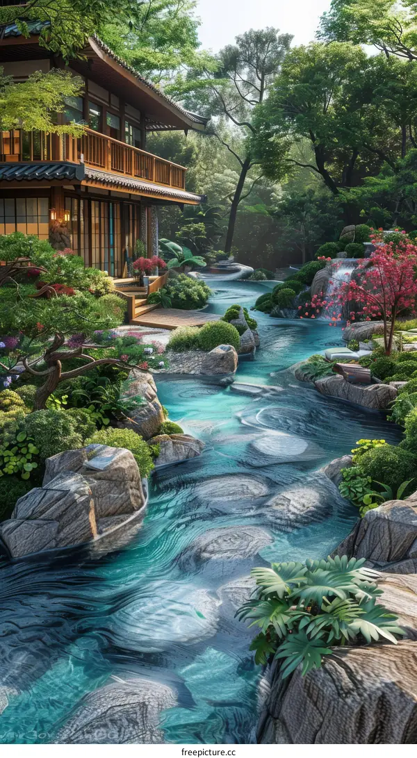 Flowing River by Japanese Tea House and Garden