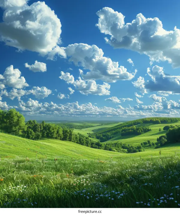 Beautiful Summer Landscape with Rolling Hills and Clouds
