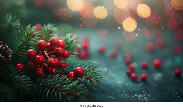 Christmas Background with Red Berries and Fir Branches