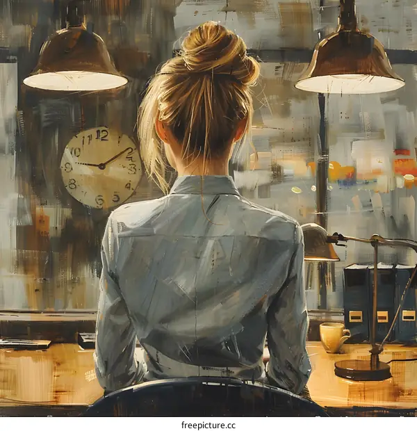 Woman sitting at a desk looking out the window