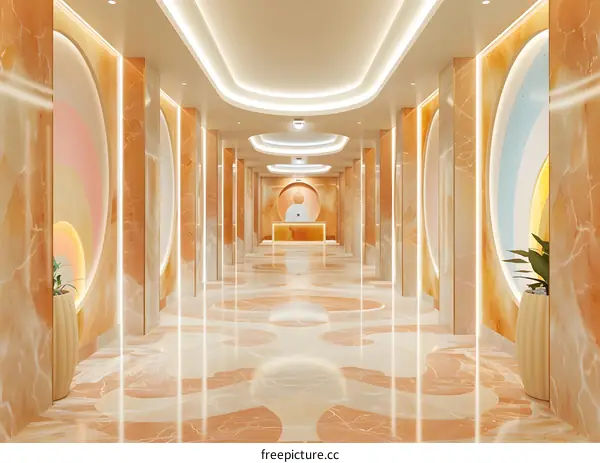 Modern Minimalist Interior Design Hallway With Marble Walls And Circular Decorations