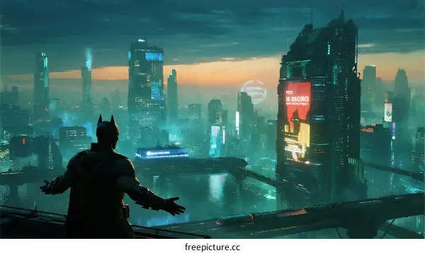 Batman Standing Over Futuristic Metropolis at Dusk