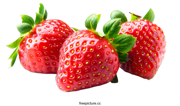 [Transparent Background PNG]Three Fresh Red Strawberries Isolated On White Background