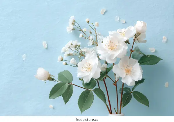 Delicate Bouquet of White Flowers on a Light Blue Background