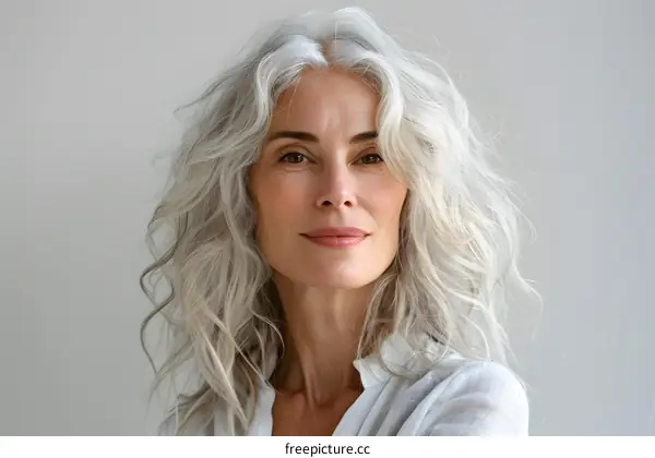 portrait of a beautiful middle aged woman with long white hair