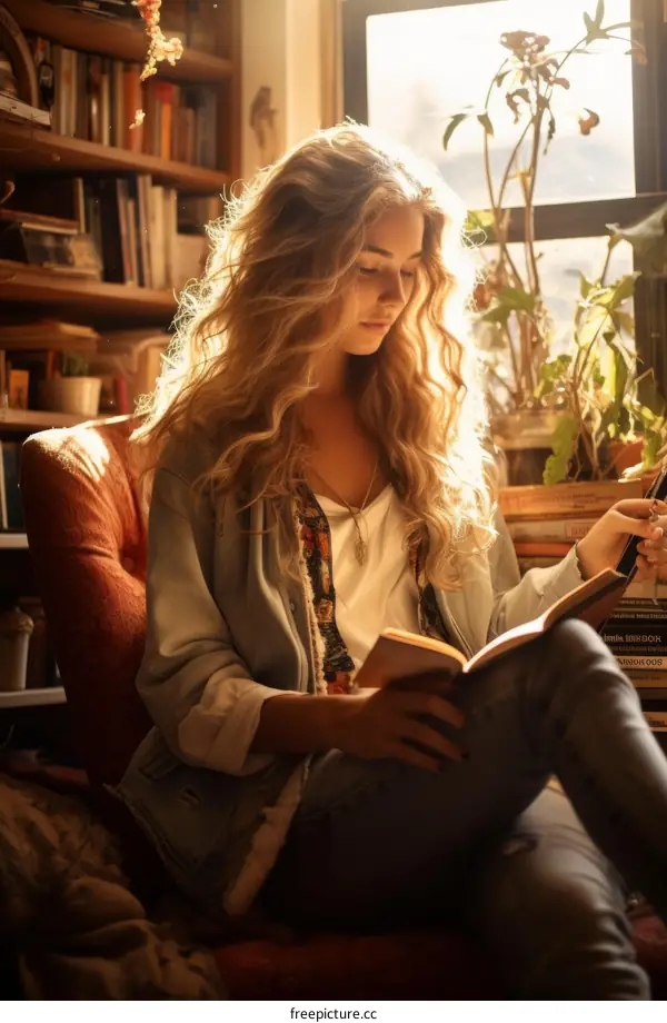 Young woman reading a book in a cozy living room