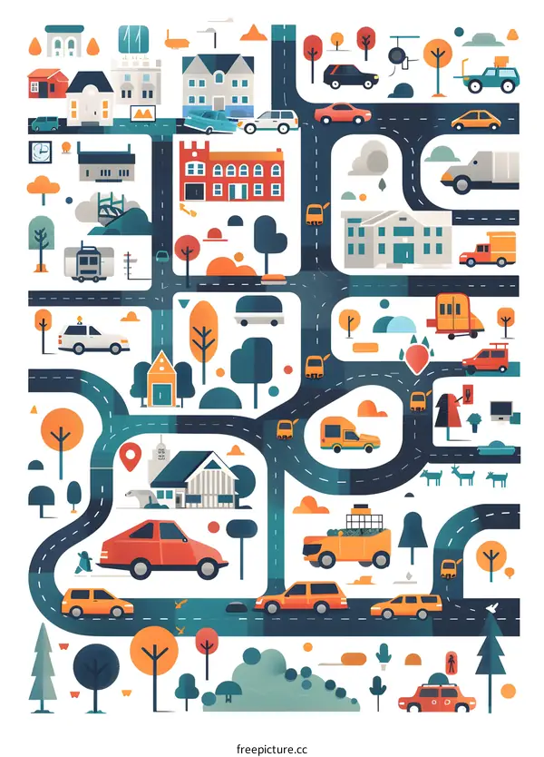 Illustrated Cityscape with Vehicles and Buildings