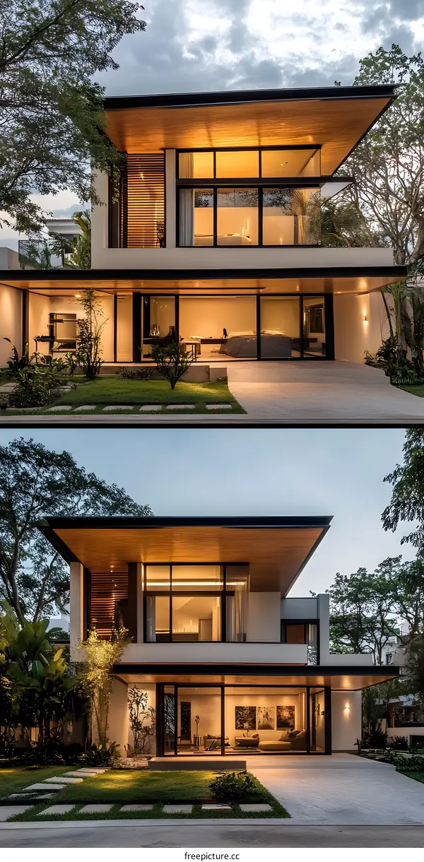 Modern House with Wooden Facade and Large Windows