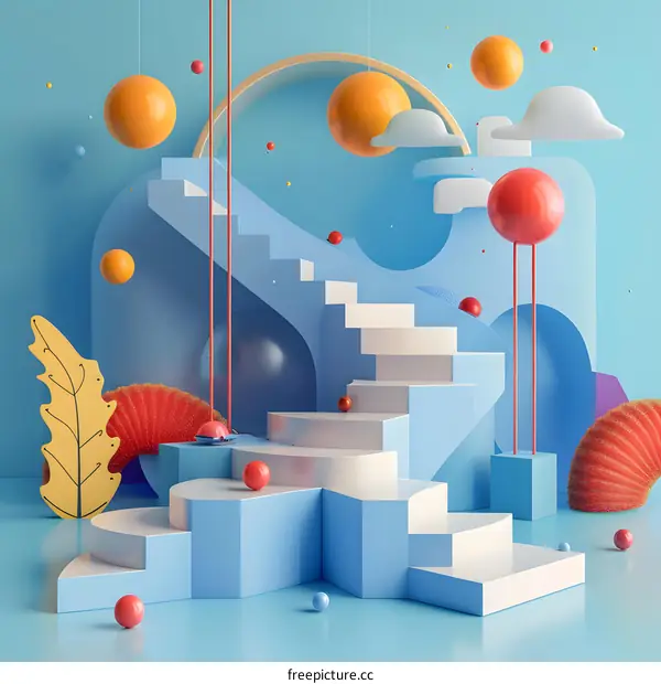 Abstract Staircase With Blue and Orange Spheres