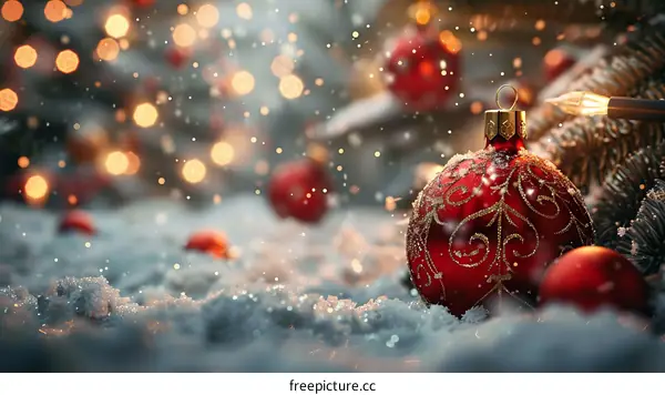 Festive Red Christmas Ball Ornament on Snowy Branch