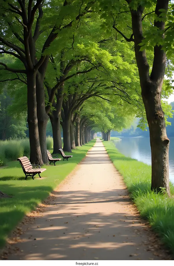 Scenic Pathway Lined with Trees and Benches Along a Tranquil River