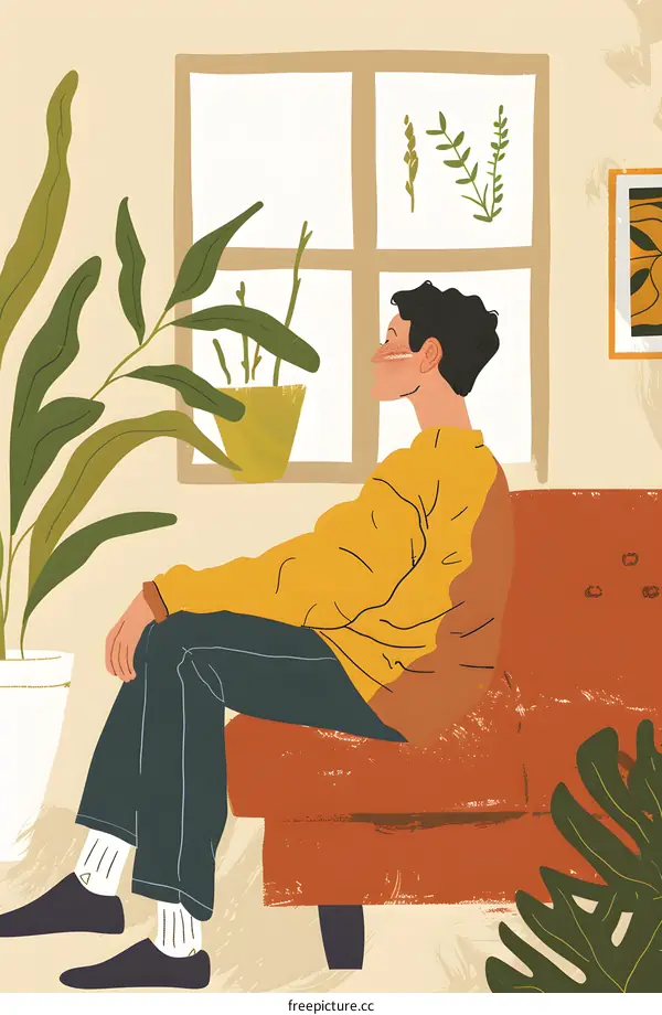 Man Sitting on Couch and Looking Out Window