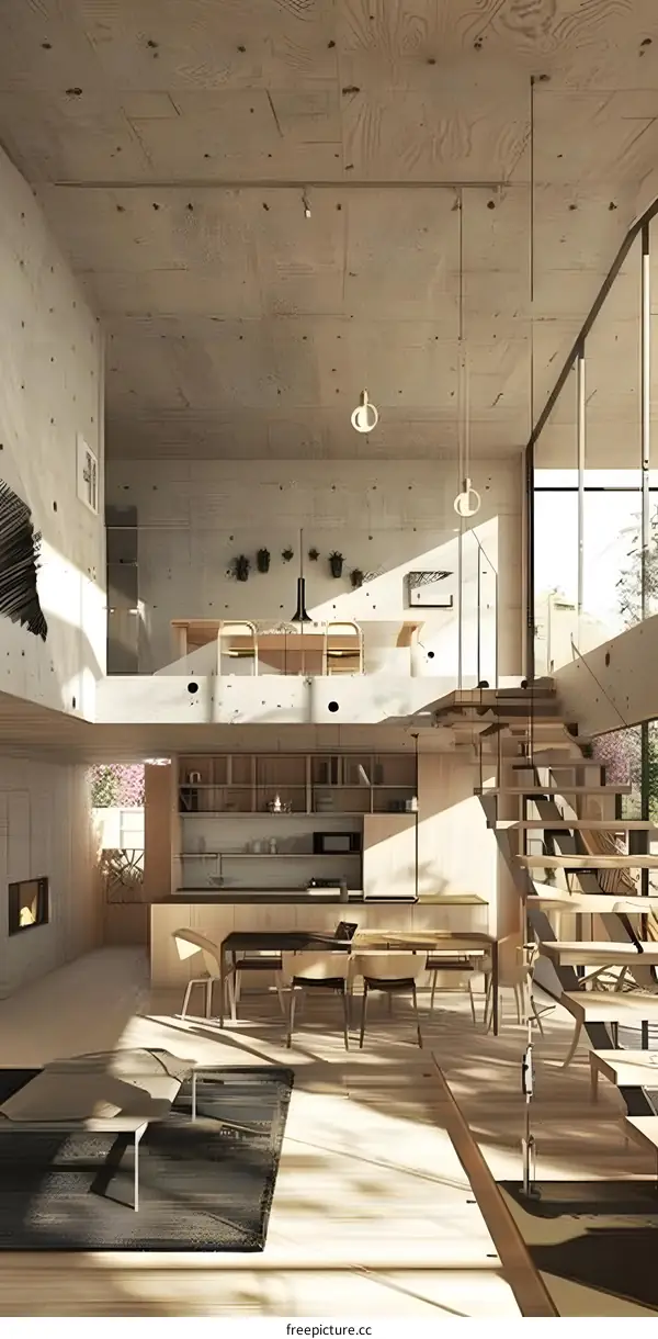 Modern Home Interior Design with Concrete Walls and Wooden Stairs