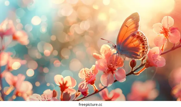 Orange butterfly on a branch of cherry blossoms