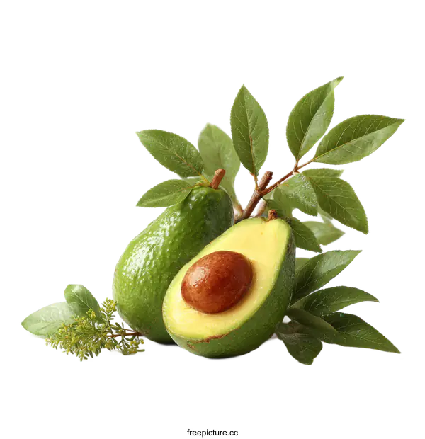 [Transparent Background PNG]Fresh Avocado with Leaves Studio Shot