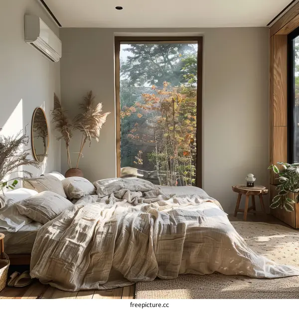 A bedroom with a large window and a view of the forest