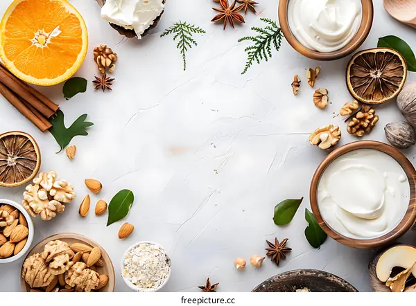 Healthy Breakfast Ingredients Background with White Surface