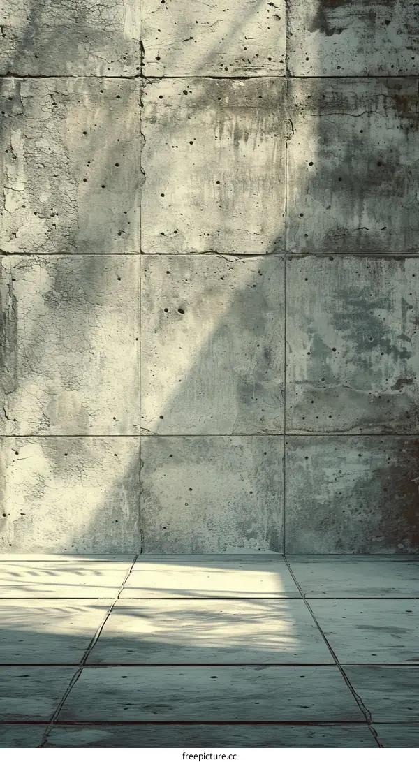 Grungy concrete wall and wooden floor background with sunlight and shadows